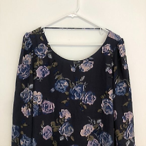 BELLE BADGLEY MISCHKA Navy Blue Green Rose Floral Long Flare Sleeve Shift Dress - Picture 2 of 12
